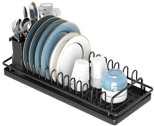 XYZLVSI Compact Small Dish Rack Sink Drying Rack with Silicone Mat, Stainless Steel Dish Drainer for Kitchen Cabinet, Kitchen Sink Rack,Dish Holder, Black
