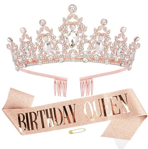 Couronne d'anniversaire Écharpe Anniversaire Or Rose Birthday Girl Satin Sash Diadème Tiara en Cristal 30 Ans, 40 Ans, 50 Ans, 60 Ans,80 Ans couronne de princesse cheveux pour Fille Femme