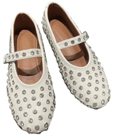 CRETUAO Zapatos Planos Ballet con Diamantes de imitación para Mujer,Zapatos Planos Bailarina Mary Jane con Punta Redonda y Hebilla Brillante,Zapatos Planos Casuales Adornados Tachuelas,Blanco,37 EU