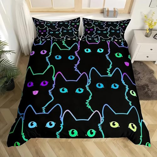 Tabeskly Kids Girls Bedding Set Double, Cat Cute Soft Zipper Childrens Full Bed 3 Piece Cover Duvet Quilt Covers and Pillowcases - Mildly Cosy Budget Bedclothes 200×200cm