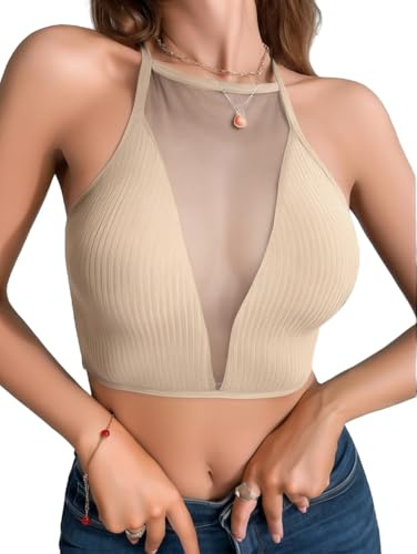 Weardear Femme Crop Top Sexy Dentelle Camisole Débardeurs Basic Spaghetti Cami Shirts Transparent Tulle Eté sans Manches Tube Tops Marron Clair L