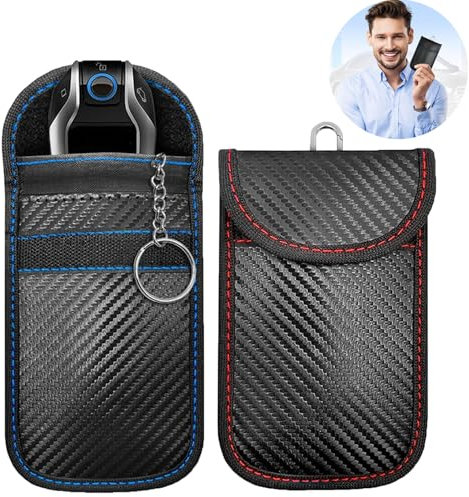 2 Pcs Carbon Fiber Faraday Key Fob Signal Blocker & Anti-Theft Protector Case for Car Keys (Blue, Red)