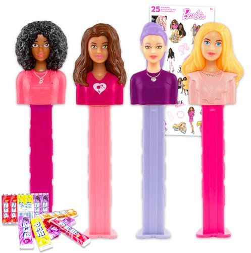 Barbie Lot de 3 distributeurs PEZ – Lot de 3 porte-bonbons plus 12 paquets de recharges et autocollants | Distributeur Barbie PEZ et recharges pour enfants, filles (les styles peuvent varier)