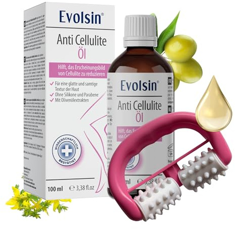 Evolsin® Anti Cellulite Öl mit Massageroller - reduziert Cellulite/Orangenhaut - Körperöl zu 99% aus natürlichen Pflanzenextrakten, 100ml Öl + Cellulite Massagegerät - Hautpflegeset