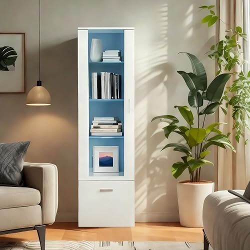Joiemebi Vitrina LED con Puerta Y Estantes de Cristal, Luces para Armario de Almacenamiento, para Salón De Oficina, 42 x 30 x 160 cm (1, Blanco)