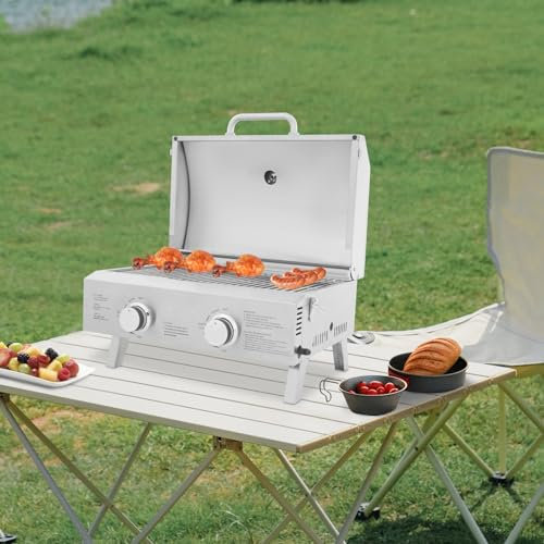 ROMYIX Barbacoa de gas de mesa con 2 quemadores de acero inoxidable (4,7 kW) – Barbacoa de gas portátil para balcón, camping y jardín, superficie de parrilla de 46 x 35 cm, incluye termómetro y piedra