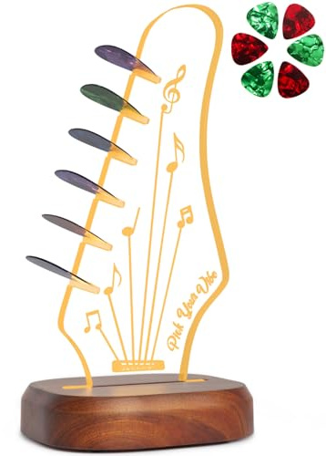 Light Up Guitar Pick Holder with 6 Guitar Picks, Acacia Wood & Acrylic Guitar Headstock Shaped Pick Holder Case for Guitar Pick Storage & Display, Guitar Music Accessories Gift for Guitar Lover Player