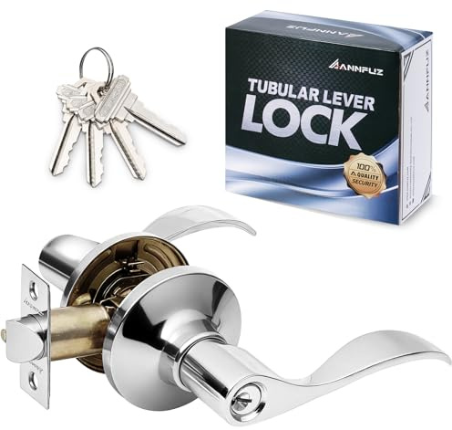 ANNFUZ Entrance Door Handle with Keys,Reversible for Right&Left Side,Not Keyed Alike Entry Lever Lock,Turn-Thumb Locking,Perfect for Office,Interior Exterior Front Door,Bedroom(Entry,Bright Chrome)