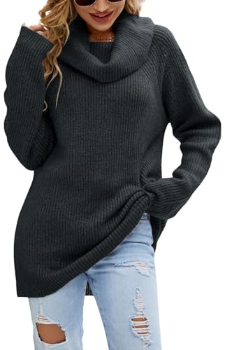 JFAN Jersey Cuello Alto Mujer Invierno Jersey de Punto Manga Larga Casual Pullover Elegante Tops Suéter Mujer(Negro,M)