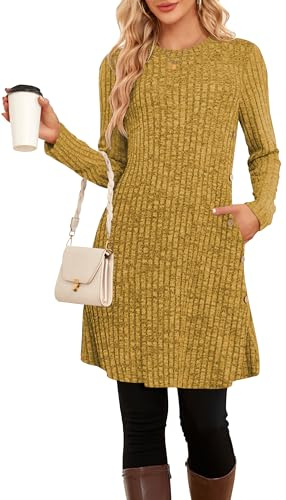 SENBATU Abito Invernale da Donna Abito Tunica in Maglia Abito a Maniche Lunghe da Donna Abito con Bottoni Laterali per Leggings(Giallo,Small)