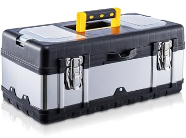 GREENSAPPIRE Tool Box Stainless Steel Portable Toolbox with Dual Metal Latches & Removable Tray, Durable Storage Case for Tools, Small Parts & Accessories (19 Inch)