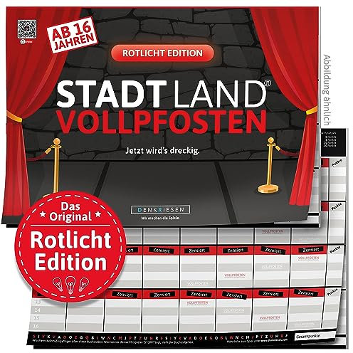 DENKRIESEN - Stadt Land VOLLPFOSTEN - ROTLICHT Edition - AB 16 Jahren Partyspiel Wichtelgeschenk Stadt Land Fluss Spielblock Scherzartikel Geschenkidee DEN09031
