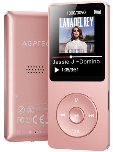 AGPTEK MP3 Player with Bluetooth 5.3, 32GB Internal Memory Portable Music Player 1.8 inch Screen with Speaker, FM Radio, Voice Recorder, Supports Expanded Up to 128GB (Without headphones), Pink