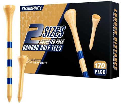 CHAMPKEY Premium Bamboo Golf Tees 170 Pack - 120 Pcs Long Tees with 50 Pcs Short Tees Assorted Pack - Friendly Biodegradable Material Golf Tee（3-1/4）