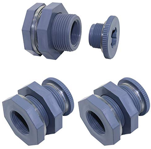 Omitfu Set of 3 PVC 3/4 Inch Bulkhead Fitting with Plugs Threaded Bulkhead Adapter Rain Barrel Spigot Connector Kit for Water Tanks, Aquariums, Tubs, Pools