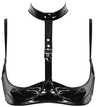 iiniim Sujetador de Charol para Mujer Sujetador Push Up Halter Sujetador Abierto Wetlook Lencería Bra Top Harness Clubwear A Negro M