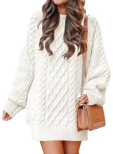 ANRABESS Womens Sweater Dress Oversized Cable Knit Chunky Long Sleeve Short Dresses 2025 Fall Outfits Vacation Winter Clothes White Large