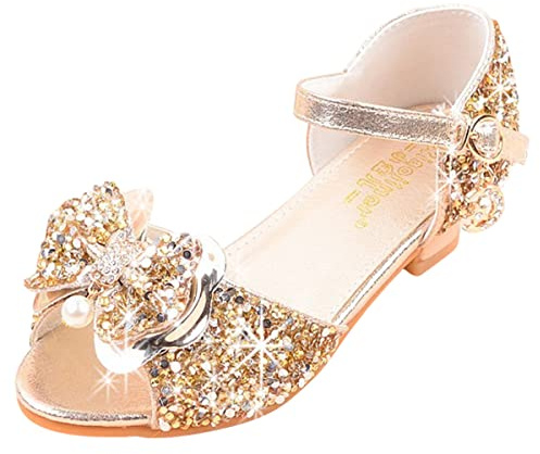 Monissy Enfants Fille Chaussures Elégantes Festives Fond Cuir pour Ceremonie Mariage Fête Halloween Noël Anniversaire Carnaval Cosplay Princesse Deguisement Danse Escarpins Cadeau Fille,Or,30