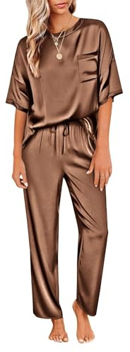Ekouaer Pijama Mujer Satén Conjunto de Pijama Manga Corta Mujer de 2 Piezas Ropa de Dormir Pantalones Larga, S-XXL