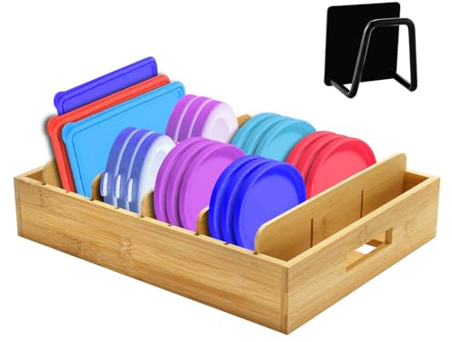 YIYADI Soporte para tapa de ollas de bambú, organizador de tapa de cocina con 5 divisores ajustables y con un escurridor de esponja, organizador de tapa de bambú para cocina, baño, habitación
