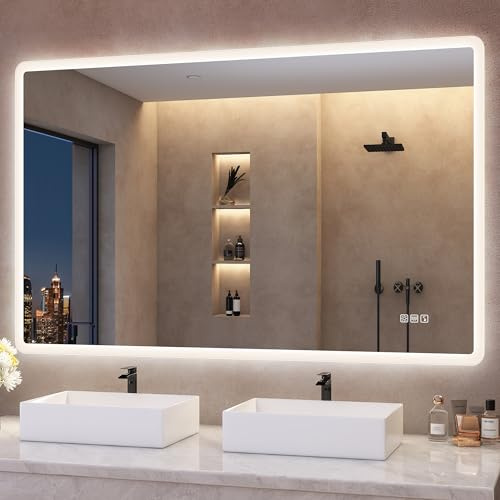 S'bagno Miroir-Salle-de-Bain-avec-Eclairage 120x70cm, Miroir-LED-Lumineux-avec-Bluetooth, Anti-buée, 3 Couleurs, Dimmable, Mémoire, Verre Trempé HD, Étanche IP44, Horizontal/Vertical