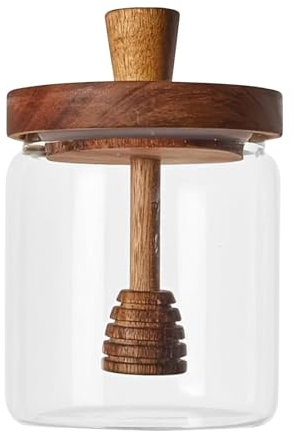 Honey Jar With Dipper And Lid - 500ml Glass Beehive Honey Pot For Home Kitchen | Clear Glass Pot With Wooden Dipper For Storing And Dispensing Honey And Syrup | Honey Pot And Drizzler