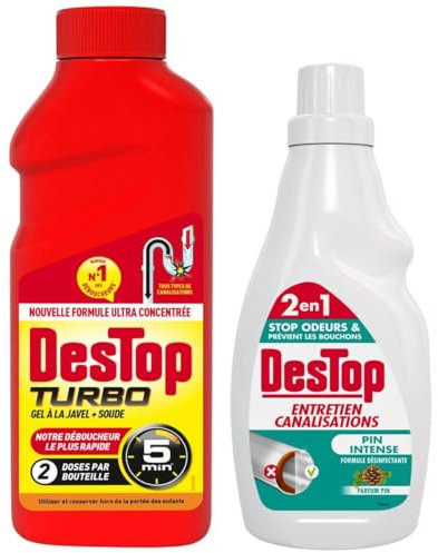 DESTOP Pack Gel Déboucheur Turbo Javel 1L + Gel Entretien Canalisations Pin intense 750ml