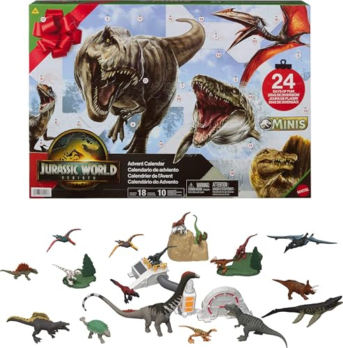 Mattel Jurassic World Rebirth Advent Calendar with 24 Days of Dinosaur-Related Toy Surprises, 18 Mini Dinos, 4 Environment Pieces