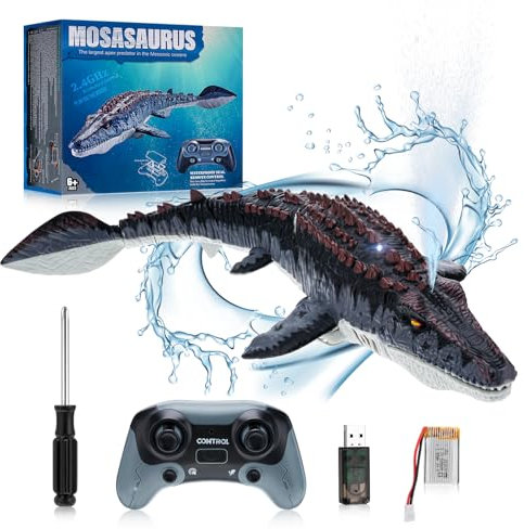 RC Boot Ferngesteuertes Dinosaurierboot Wasserdicht Ferngesteuerte Boote mit mit LED-Licht & Sprühnebel für Pools und Seen, Dual Propeller Ferngesteuerte Mosasaurus Poolspielzeug für Kinder Erwachsene