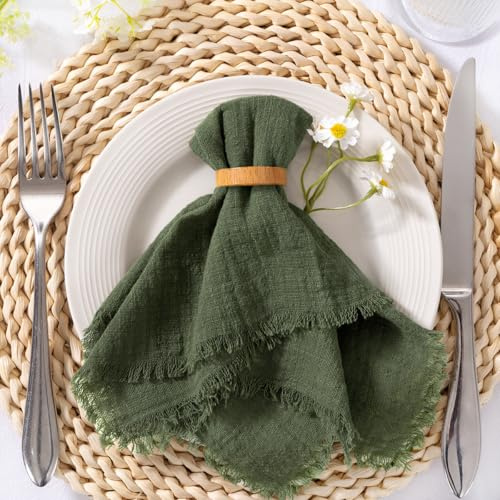 Cloth Napkins with Fringe 6 Pack 17×17 Cotton Linen Napkins Olive Green