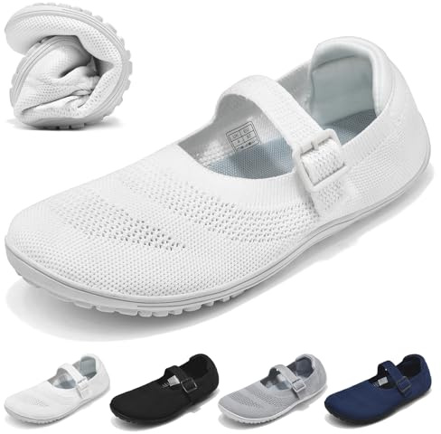 Wizshoe Ballerine Barefoot da Donna Eleganti Scarpe Basse Estive Piatte e Comode con Punta Rotonda Slip On in Maglia con Cinturino e Fibbia Walking Flats Leggere Traspiranti Bianco 38 EU