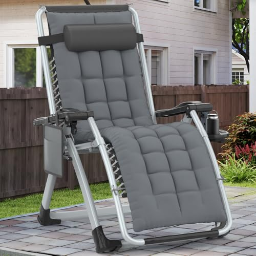 Ferghana Zero Gravity Liegestuhl Klappbar mit Polster und Getränkehalter – Gartenliege, Balkonliege, Terrassenstuhl für Garten, Strand, Pool – Grau,107x65x71cm