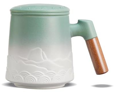 ZENS Taza de infusión de té de cerámica con cesta de infusor y tapa para remojar,Taza de Te con Filtro y Tapa 500ml, con asa de madera, Difusor para té caliente, salvia degradada