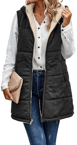 Générique Women's Fall Reversible Vest Sleeveless Faux Fleece Jacket, Women Long Quilted Hooded Down Vests, Warm Winter Outerwear (black,Grand)