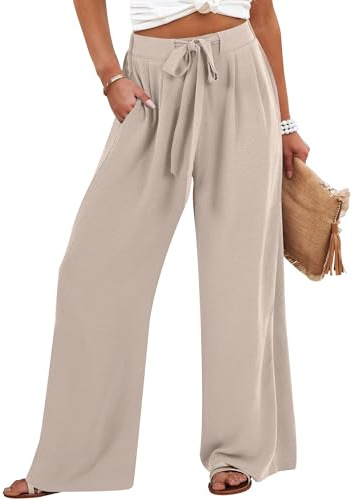 Caracilia Wide Leg Palazzo Pants for Women Summer High Waist Flowy Loose Casual Lounge Trousers Beach Travel Vacation Clothes Parchment X-Large
