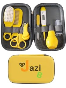 Newborn Essentials First aid Baby Shower Gifts Kit 8-in-1 WithTravel Case Nail Clippers, Baby Hair Brush, Comb, Thermometer & More for Infants and Toddlers Girls & Boys Manicure Pedicure Set (Yallow)