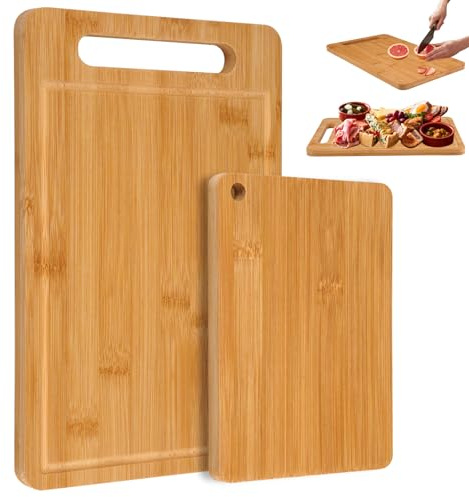 2 stycken skärbrädor i bambu 33 x 22 x 1,2 cm/22 x 15 x 1 cm, dubbelsidig skärbrädor trä, bambubräda med saftgrind, köksbräda trä för att skära ned, tillredning av mat, plantering