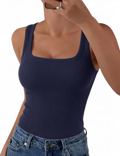 Aottori Camiseta sin Mangas Mujer Verano Cuello Cuadrado Tops Ajustado Elástico Camisetas Tirantes Elegante Punto Tank Top Sólido Básica Chalecos Top