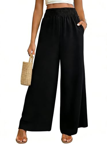 Vossmi Pantalons Longue Femme Taille Haute Ample Yoga Jambe Droite Palazzo Extensible Décontractés Pantalon avec Poches Pantalon Chic et Elegant Elastique