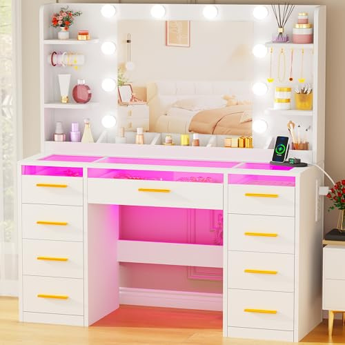 ANWBROAD Dressing Table with Mirror and RGB Lights Glass Top Vanity Desk