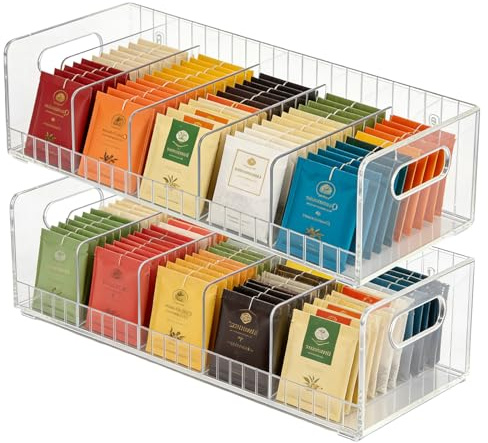 Organizador de Té, Caja para Infusiones Acrílico Apilable Organizador Vertical para Bolsas de Té Doble Capa Estante de Té Vertical con 6 Compartimentos para Té, Café, Especias, Encimeras de Cocina