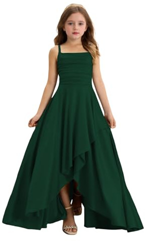 VeetaLux Girls High-Low Flower Girl Dress Pleated Satin Prom Dress | Elegant Spaghetti Strap High-Waist Formal Dress with Asymmetrical Hem Perfect for Prom Graduation Party Wedding Birthday