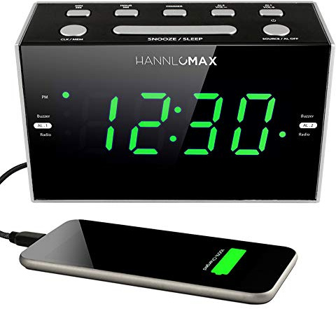 HANNLOMAX HX-122CR Alarm Clock Radio, PLL FM Radio, Dual Alarm, 1.2 inches Green LED Display, USB Port for 1A Charging, AC Power Operation only.
