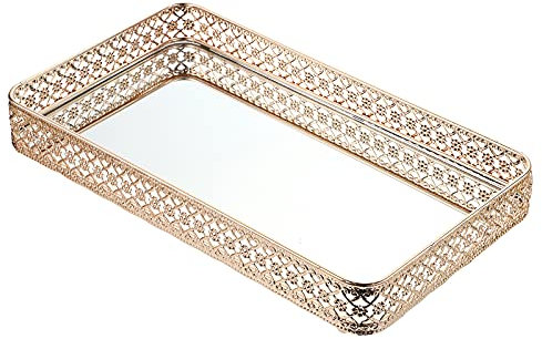 BSTKEY 35x20cm Vanity Mirror Tray Jewelry Trinket Tray, Decorative Tray for Cosmetic Makeup Dresser Bathroom Bedroom Countertop Organizer, Gold