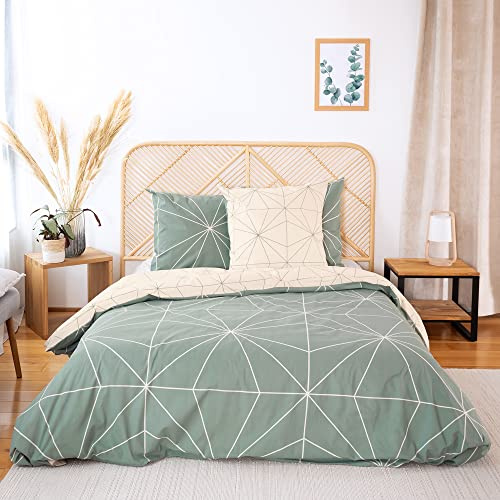 Parure de lit avec Housse de Couette 260x240 cm + 2 Taies d'oreiller 63x63cm Parure de lit pour 2 Personnes géométrique Verte 100% Coton Bio*