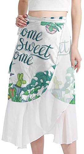 Women Beach Sarongs, Sheer Cover Ups Chiffon, Bikini Wrap Skirt for Swimwear, Tropical Plant Pot Monstera Cactus