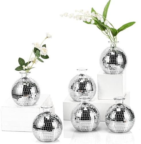 Layhit 6 Pcs Disco Ball Vase for Flower and Plant 4 Inch Small Glass Vase Silver Mirror Mini Disco Ball Planter for Indoor Outdoor Wedding Birthday Home Bedroom Kitchen Office Decoration