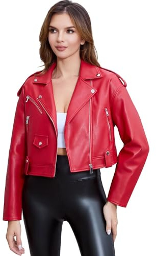 DIASHINY Chaqueta de piel sintética para mujer, recortada, holgada, de piel sintética, chaqueta de motociclista, 127 Red, Large