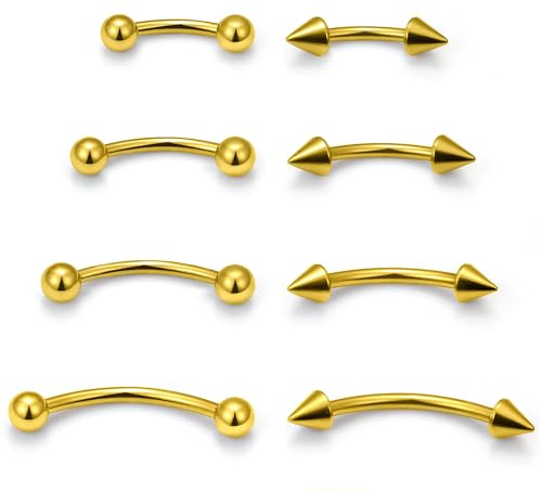 Boernfnso Eyebrow Piercing Jewelry Surgical Steel Curved Barbell Tiny Eyebrow Ring Vertical Labret Lip Jewelry Ear Rook Navel Small Belly Button Ring for Women Men 20g 16g 6mm/8mm/10mm/12mm Gold