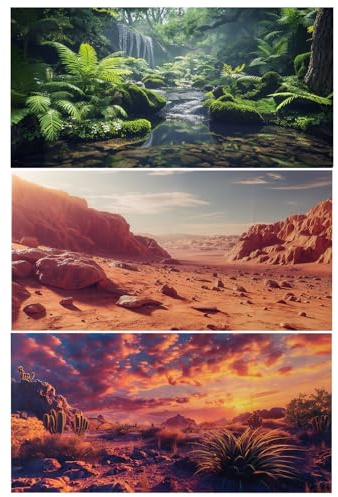 COMSUN 3 Pack Terrarium Background, 36x18 inches Polyester Reptile Background, Cloth Terrarium Backgrounds, Gobi Sunshine Cactus Stone & Green Tree Fern Stream Backgrounds